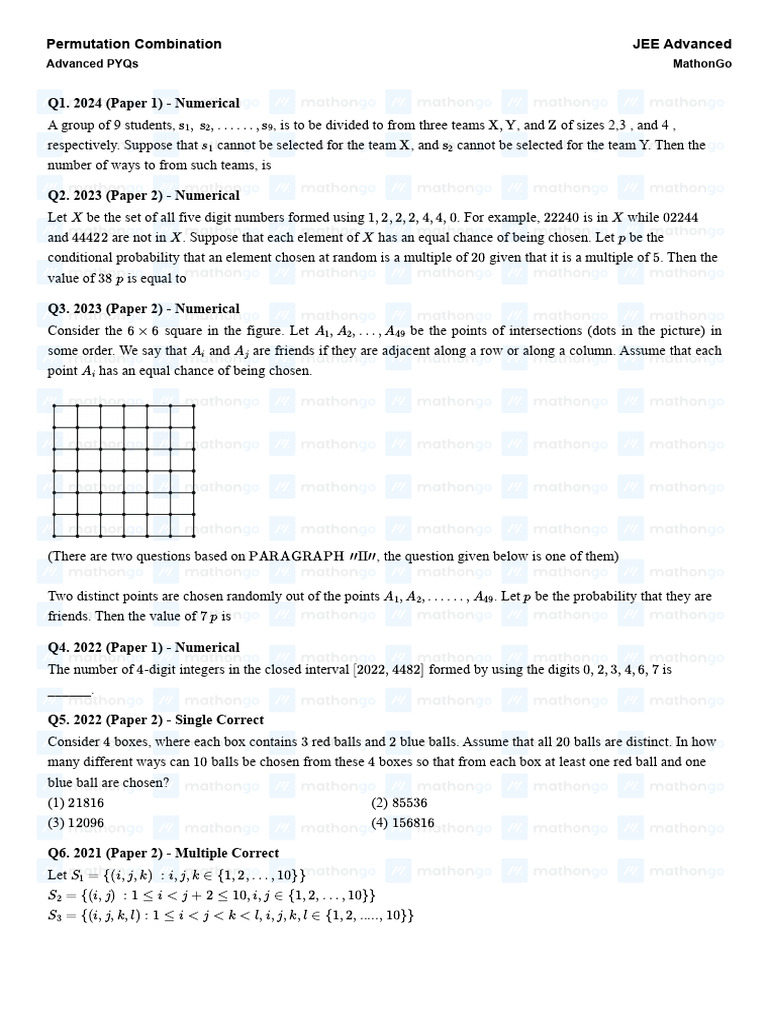 Permutation Combination - Advanced PYQs | PDF | Permutation | Mathematics