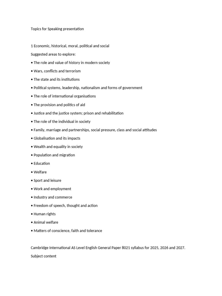 Speaking Presentation Topics Guide | PDF