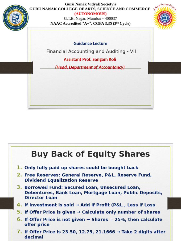 Buyback of Equity Shares Guide | PDF | Debits And Credits | Financial ...