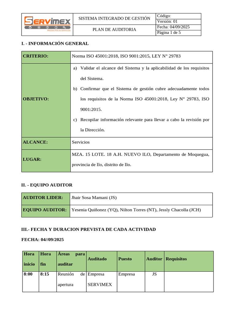 Plan de Auditoría ISO 45001 y 9001 | PDF | Auditoría | Contralor