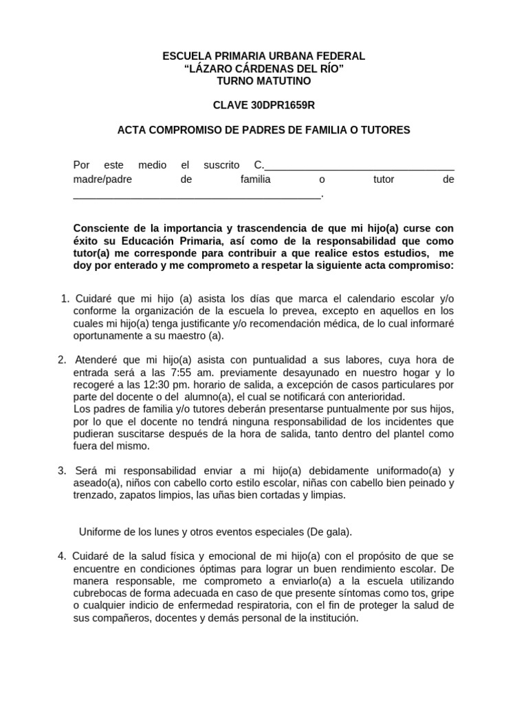 Acta Compromiso para Padres de Familia | PDF | Escuelas