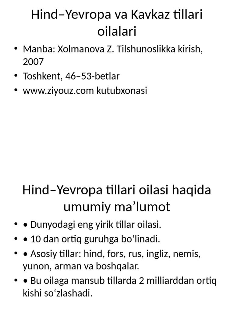 Hind Yevropa Kavkaz Tillari | PDF
