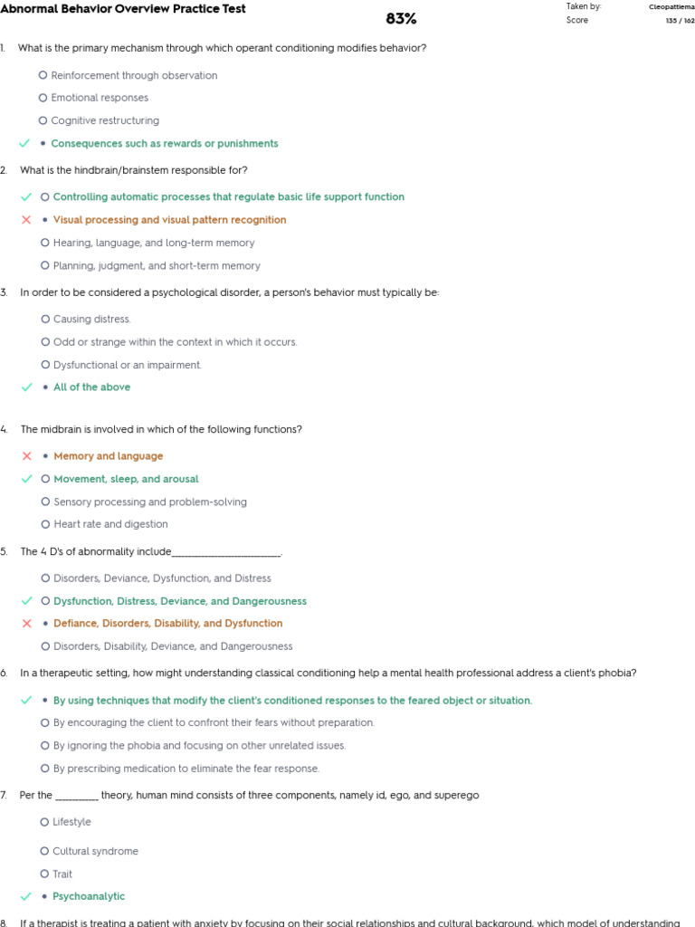 Abnormal Behavior Practice Test Overview | PDF | Mental Disorder ...