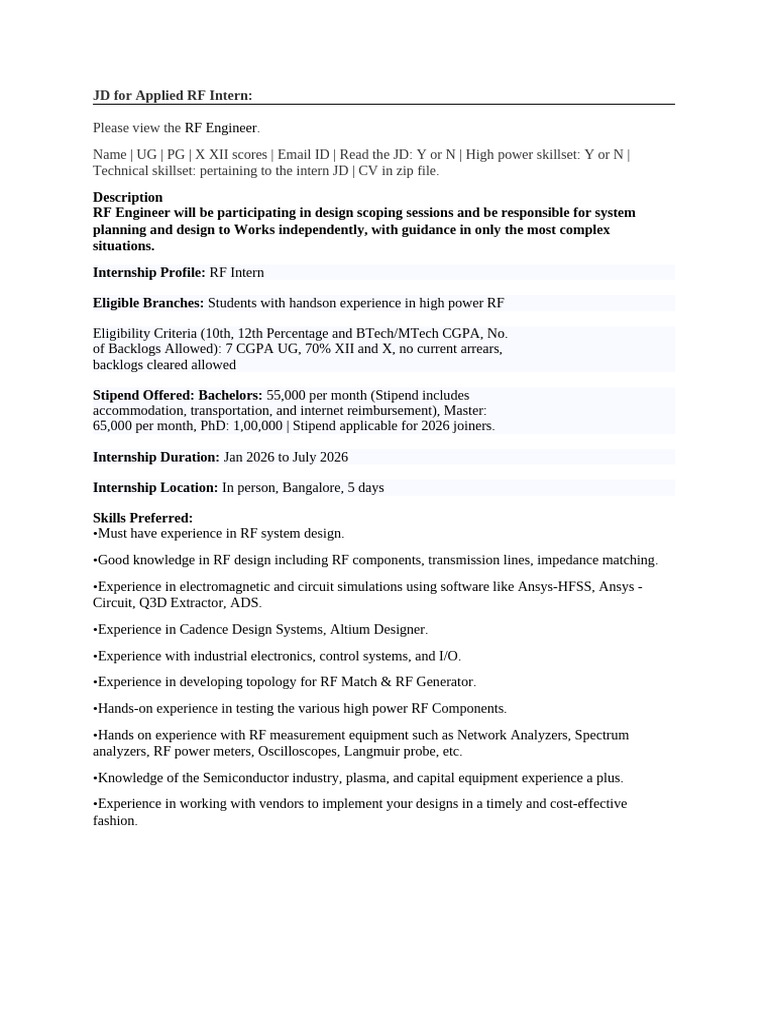 RF Engineering Internship JD 2026 | PDF