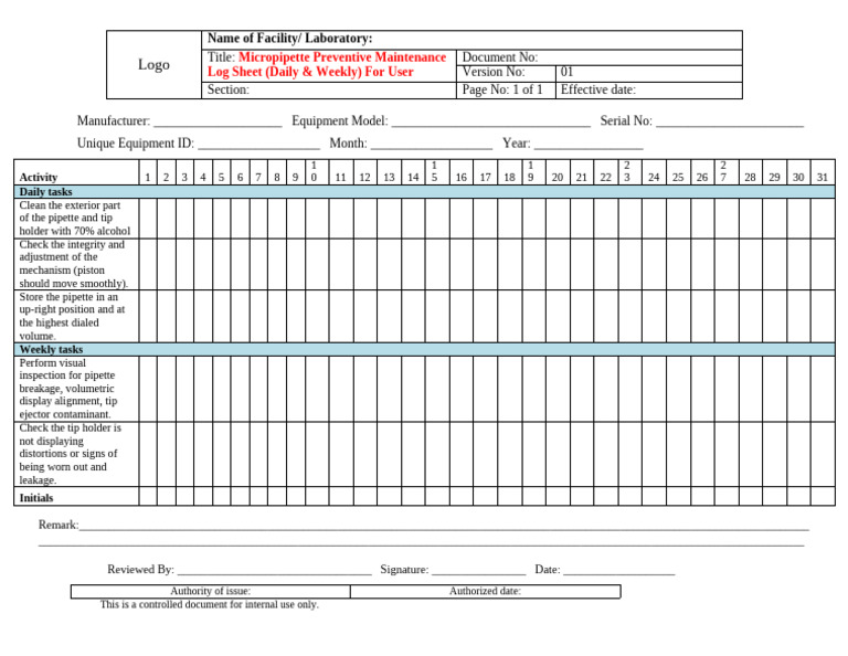 Micropipette Maintenance Log Sheet | PDF