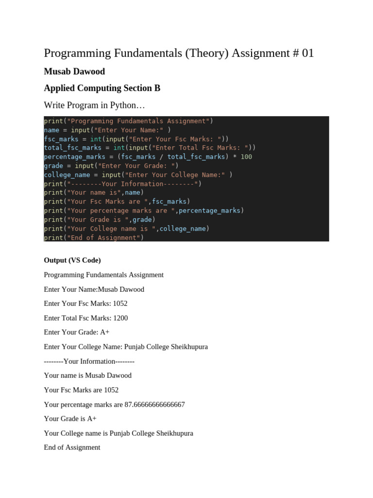 Python Program for Fsc Marks Calculation | PDF