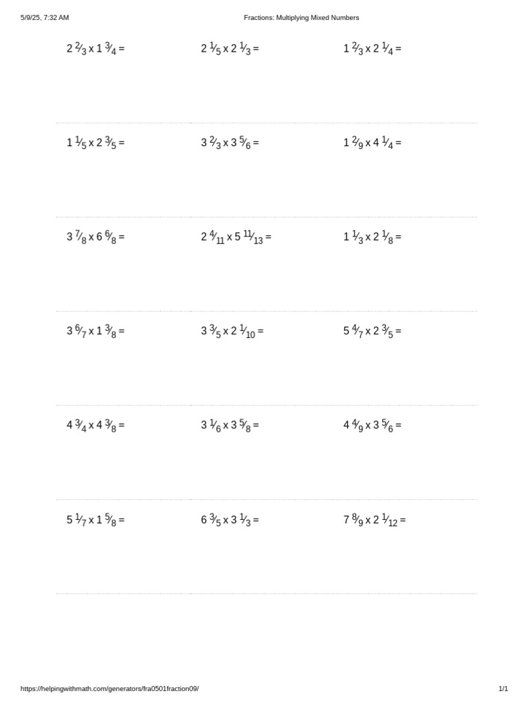 Fractions - Multiplying Mixed Numbers - Common-Core Math | PDF