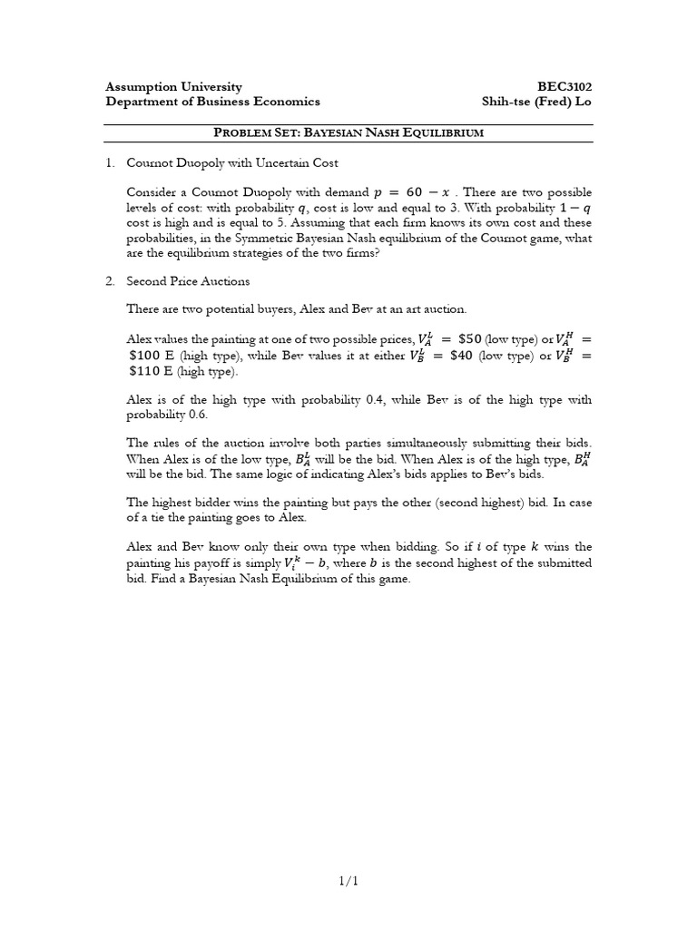 BEC3102 - PS On Bayesian Nash | PDF