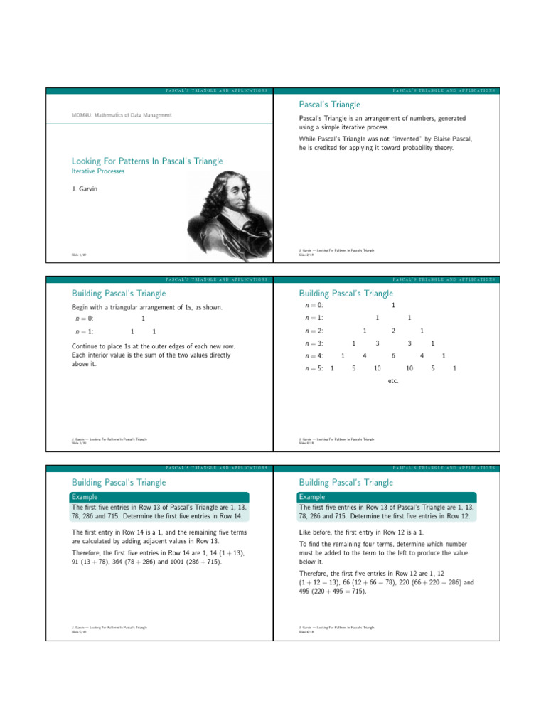Pascals Triangle Patterns Handout | PDF | Algebra | Combinatorics
