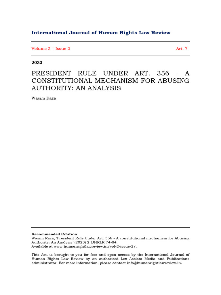 President Rule Under Art. 356 A Constitutional Mechanism For Abusing ...