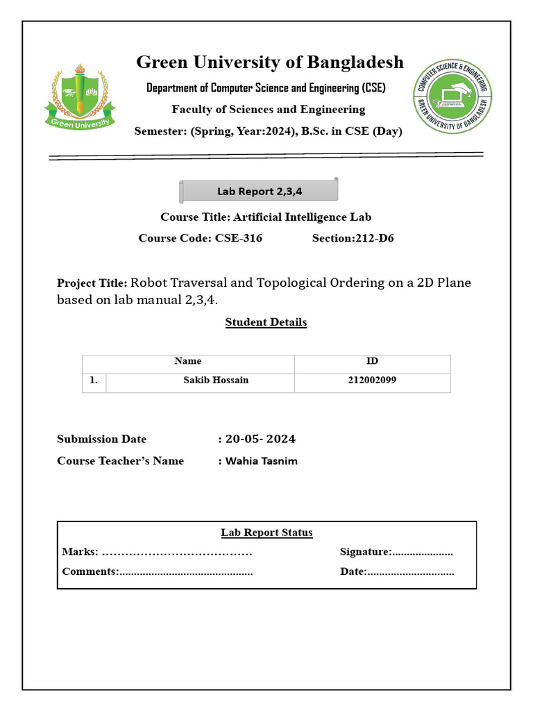 AI Lab Report 2,3,4 by Sakib Hossain (212002099) | PDF | Discrete ...