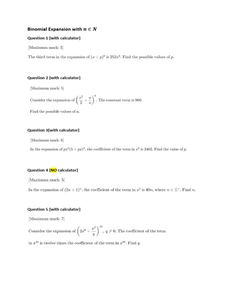 Binomial Expansion Practice Questions | PDF