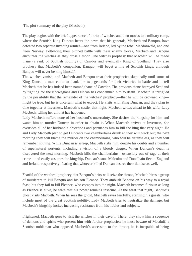 The Plot Summary of The Play (Macbeth) | PDF | Macbeth | Shakespearean ...
