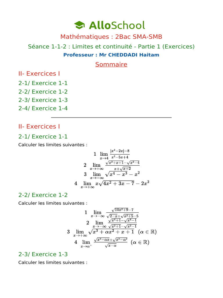Limites et Continuité : Exercices Bac 2 | PDF