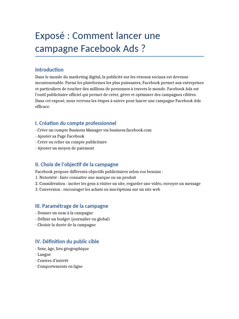 Lancer une campagne Facebook Ads efficace | PDF