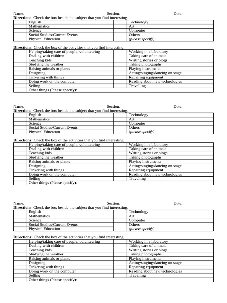 Interest Survey for Students | PDF | Science