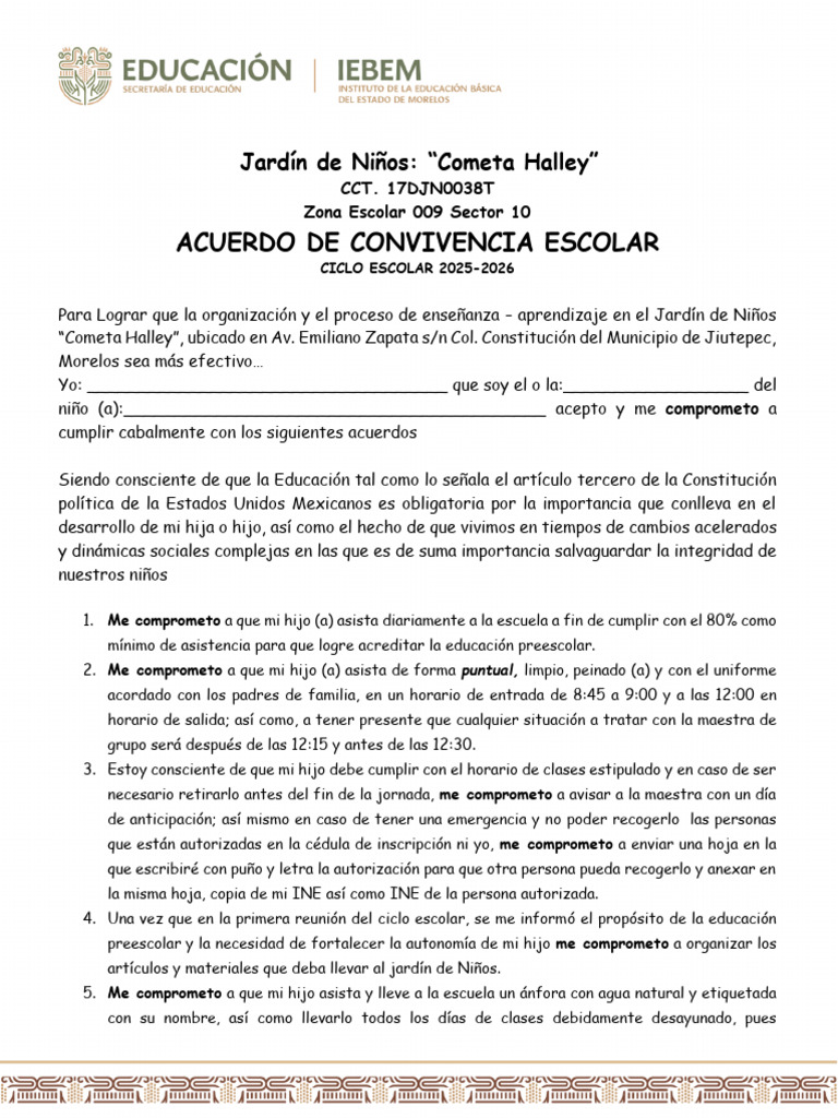 Acuerdo de Convivencia Escolar 2025-2026 | PDF | Educación de la ...