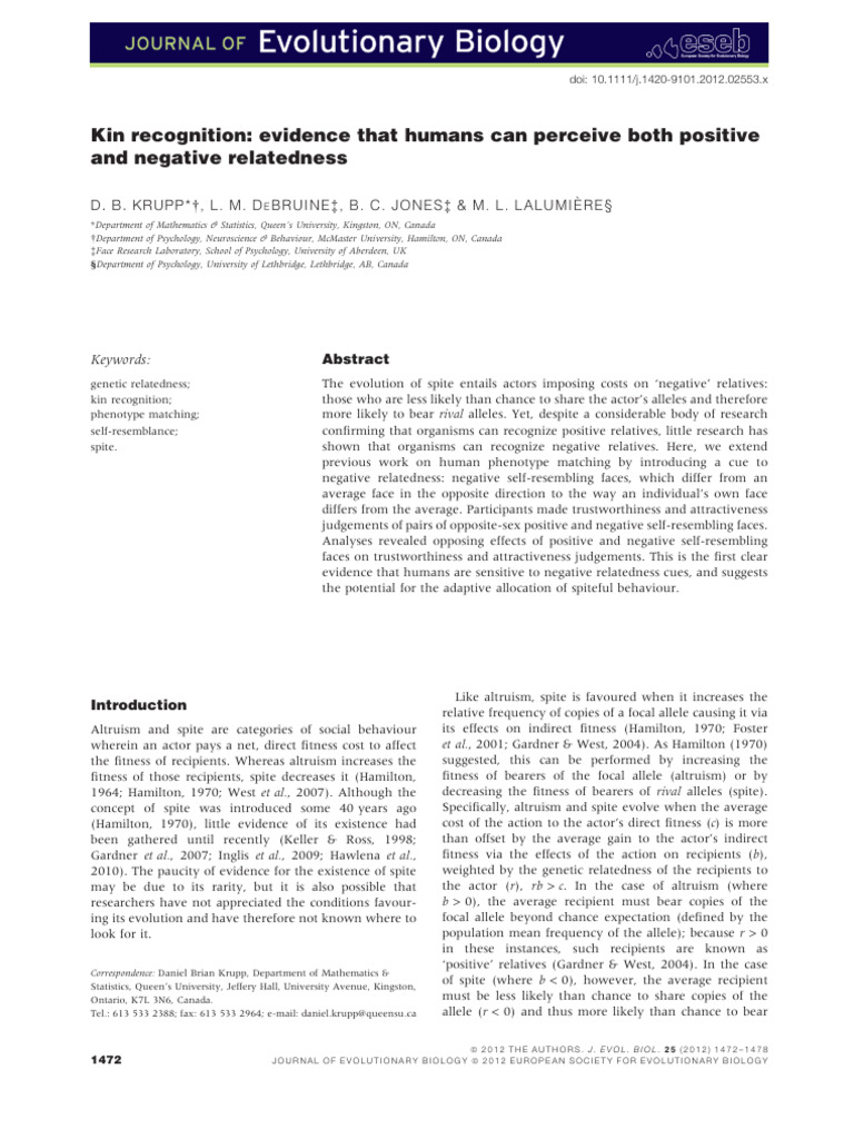 Human Kin Recognition: Altruism vs. Spite | PDF | Fitness (Biology ...