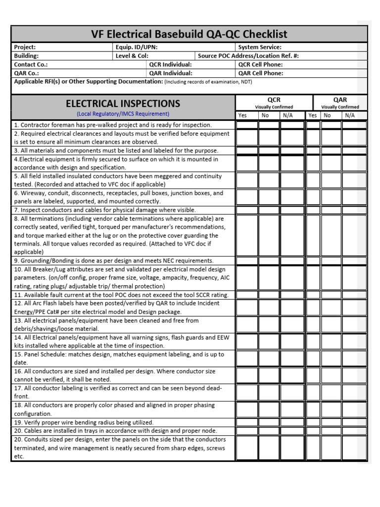 Electrical QA-QC Checklist Overview | PDF | Screw | Electrical Engineering