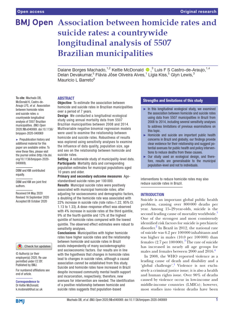 Association Between Homicide Rates and Suicide Rates BRAZIL | PDF ...
