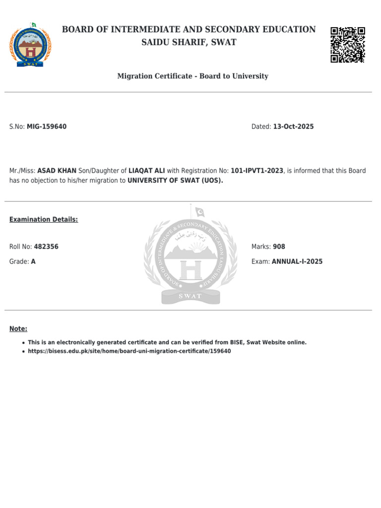 Migration Certificate for Asad Khan | PDF