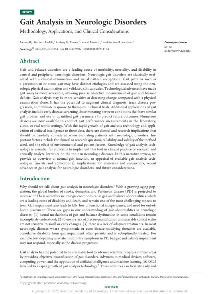 Gait Analysis in Neurologic Disorders | PDF | Neurology | Electromyography