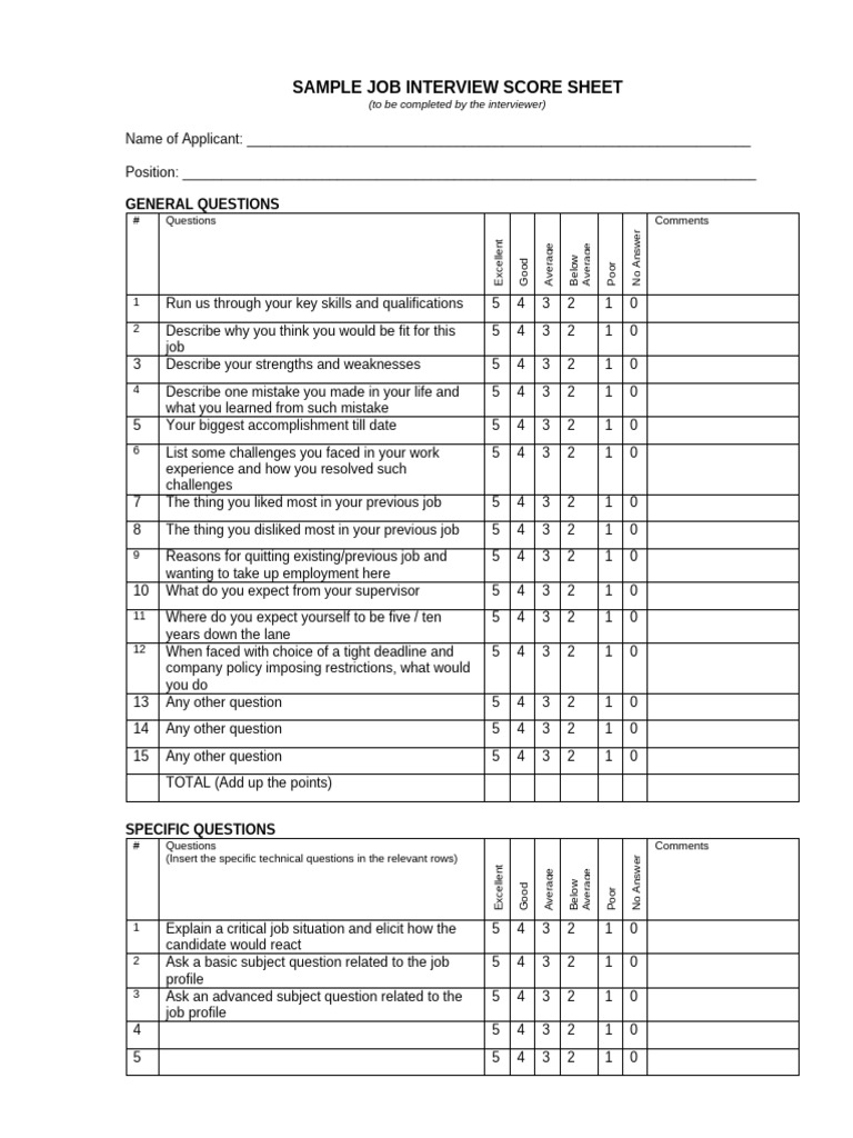 Job Interview Score Sheet Template | PDF | Job Interview