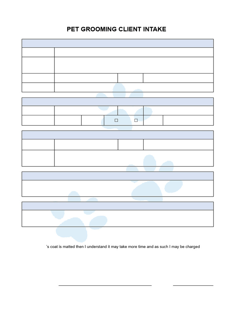Pet Grooming Client Intake Form | PDF