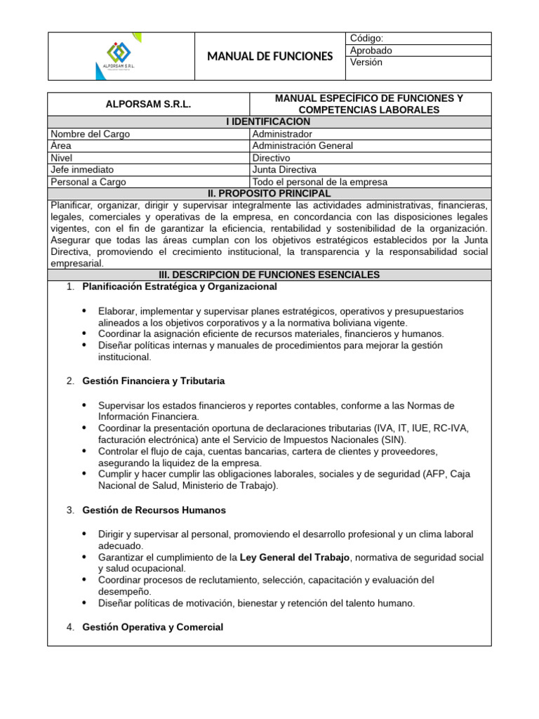 Manual de Funciones Administrativas | PDF | Marketing | Contabilidad