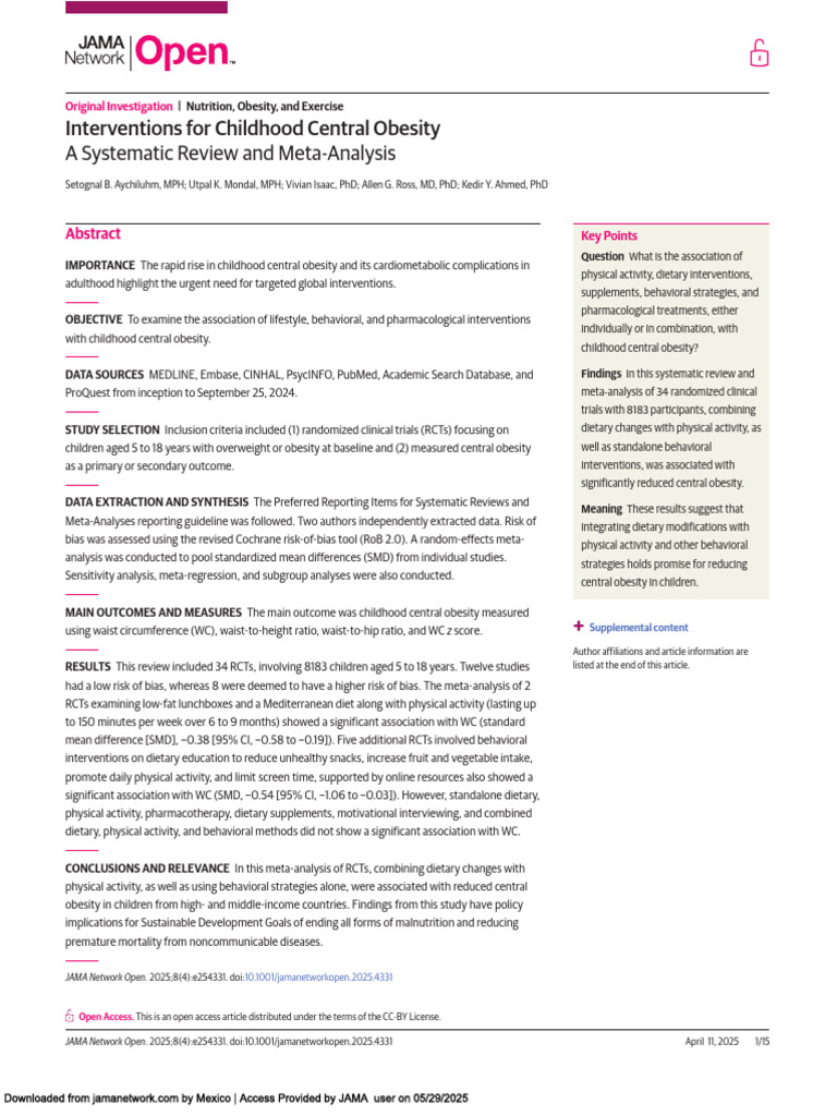 Interventions for Childhood Obesity: Review | PDF | Obesity ...