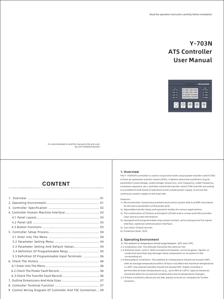 Y-703N ATS Controller User Manual | PDF | Mains Electricity | Power Supply