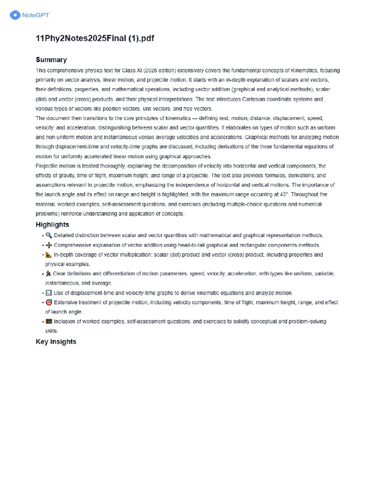 NoteGPT Summary 11Phy2Notes2025Final | PDF