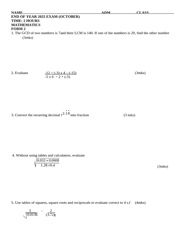 2025 Mathematics f2 Qs End t3 s1 Teacher Co Ke | PDF | Numbers | Number ...