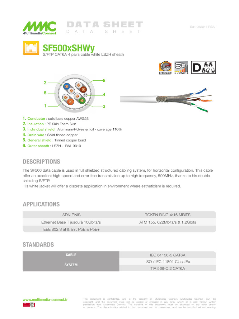 CAT6A S/FTP Cable Data Sheet | PDF | Electrical Engineering | Electricity