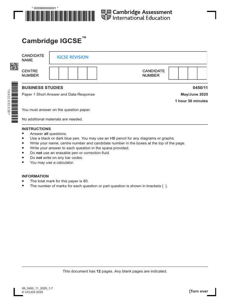 IGCSE Business Studies Paper 1 | PDF | Economics | Business