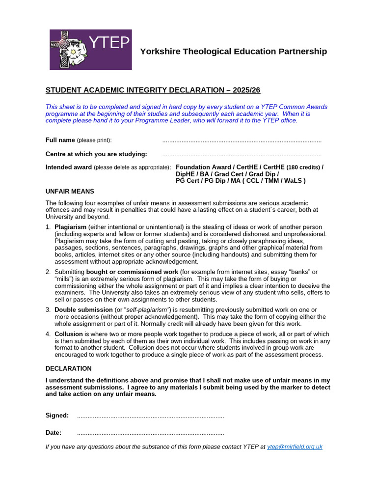 YTEP Academic Integrity Declaration 2025/26 | PDF | Plagiarism