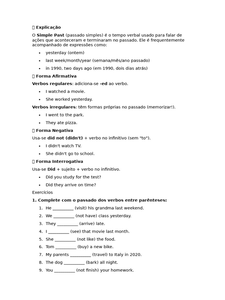 Simple Past: Formas e Exercícios | PDF