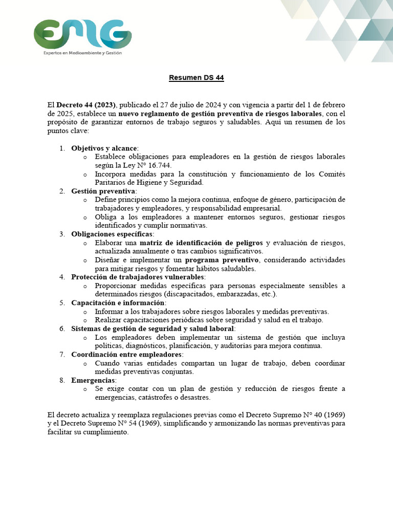 Resumen del Decreto 44 sobre Riesgos Laborales | PDF | Seguridad y ...