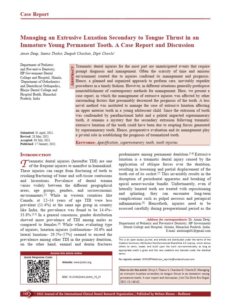 Managing Extrusive Luxation in Teens | PDF | Human Tooth | Dental Anatomy