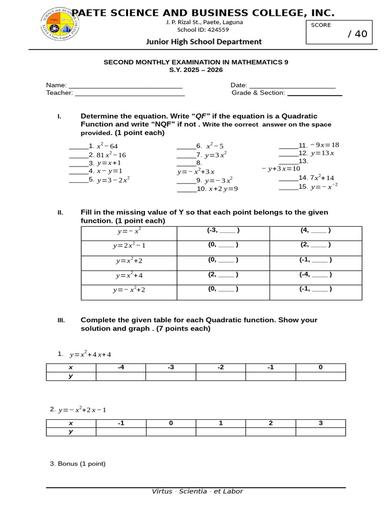 Second Monthly Exam in Mathematics-9 | PDF | Quadratic Equation ...