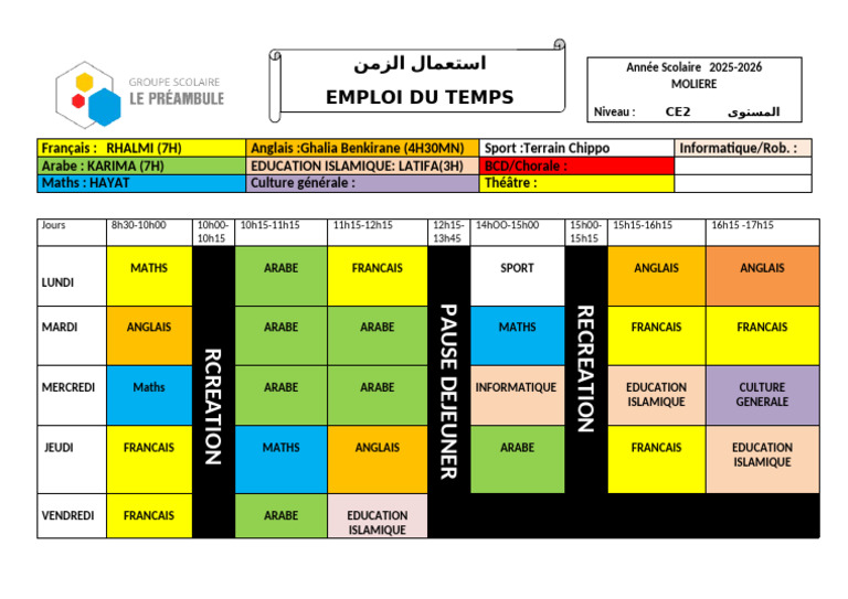 Emploi du temps CE2 2025-2026 Molière | PDF