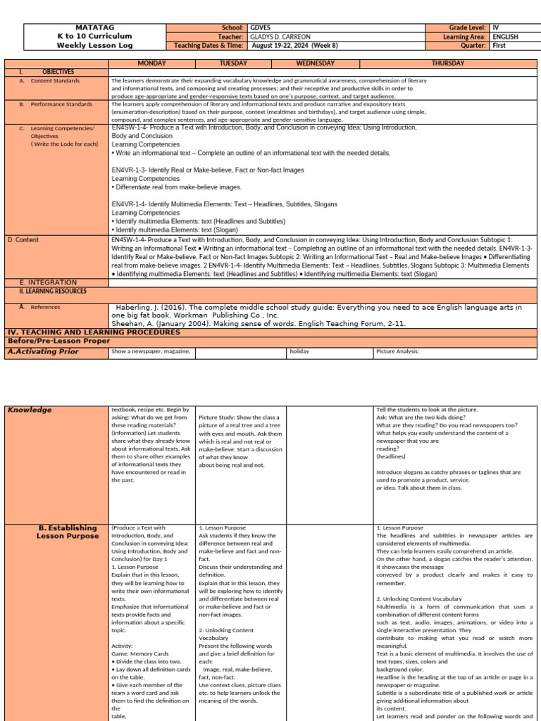 Weekly Lesson Plan for Grade 4 English | PDF | Multimedia | Vocabulary