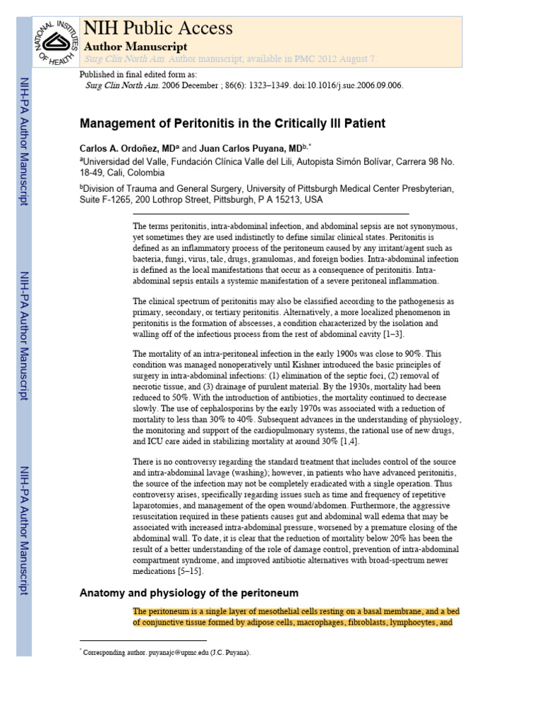 Manejo de Peritonitis 2006 PDF | PDF | Peritoneum | Inflammation