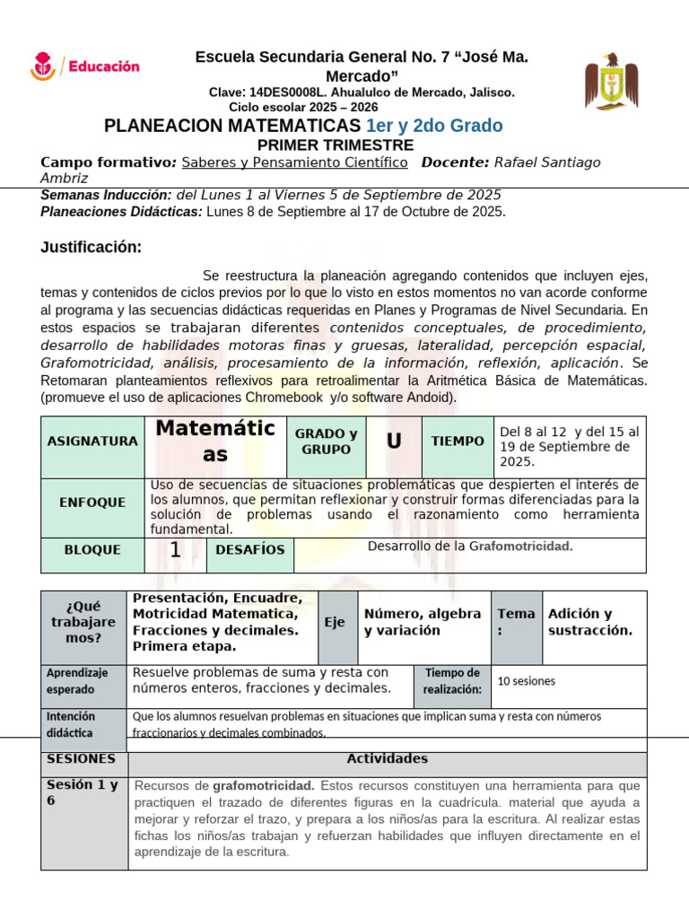 Planeación Matemáticas 1er y 2do Grado | PDF | Multiplicación | Sustracción
