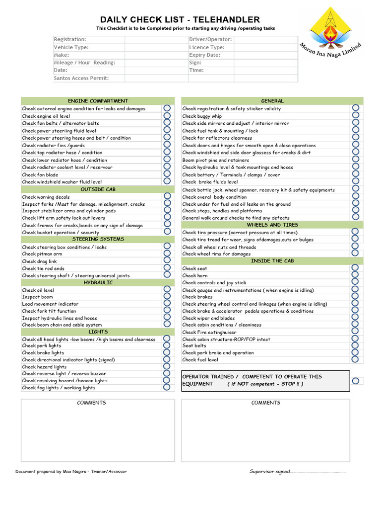 Telehandler Pre-Start Checklist | PDF | Steering | Vehicles