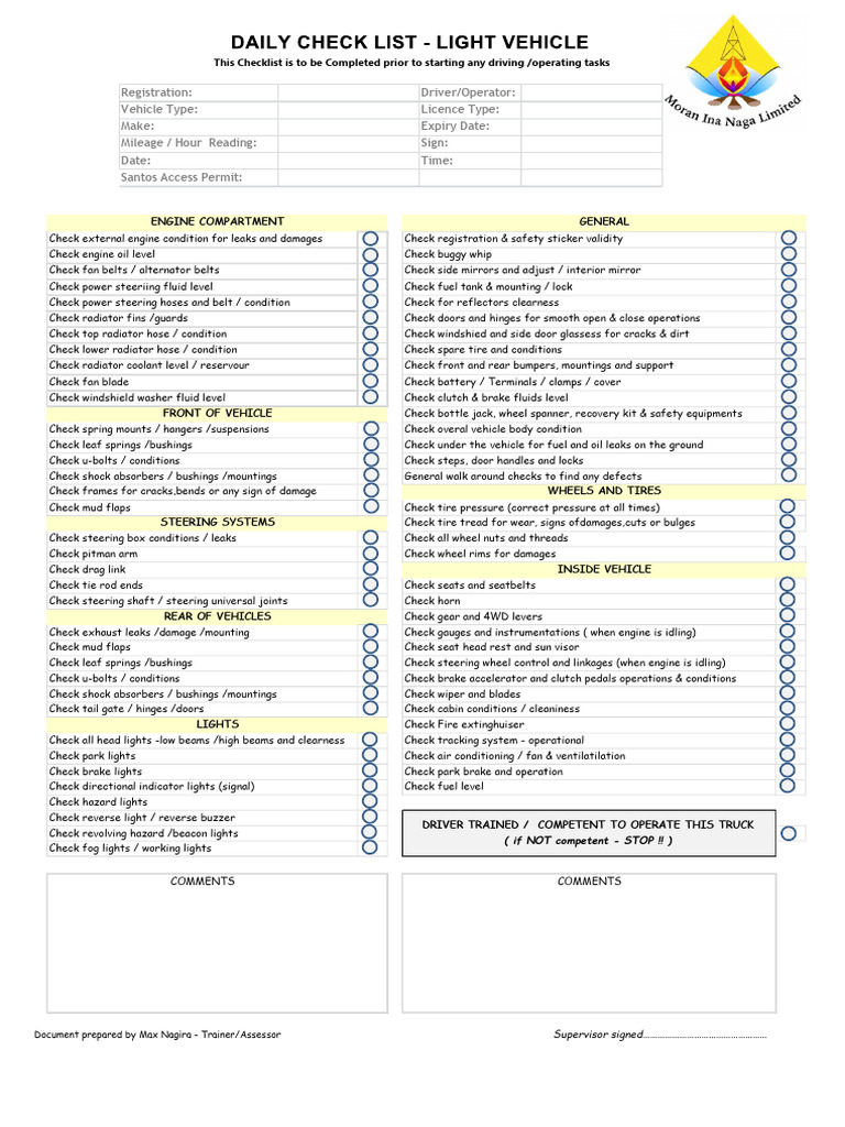 Comprehensive Vehicle Safety Checklist | PDF | Steering | Vehicles