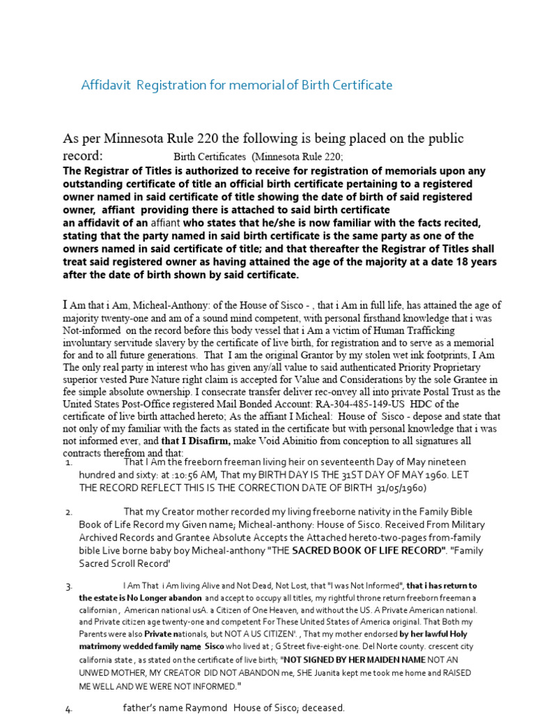 Minnesota Rule 220 Birth Certificate Affidavit | PDF | Void (Law ...