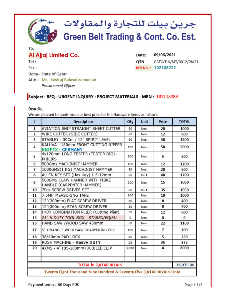 RFQ for Project Materials Quote | PDF | Screw | Tools