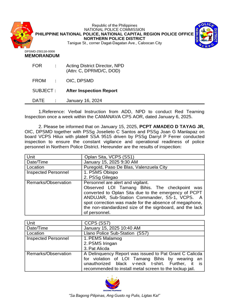 After Inspection Report: NPD Memo | PDF | Philippines