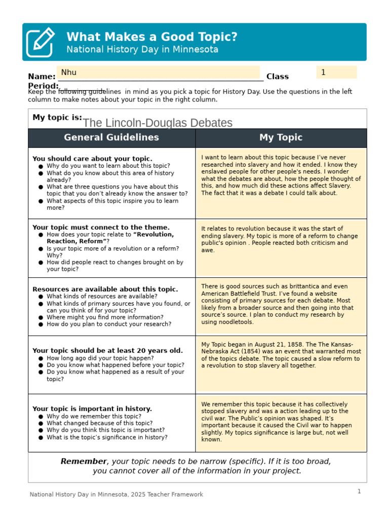 Nhu Nguyen - What Makes A Good Topic NHD 2026 | PDF